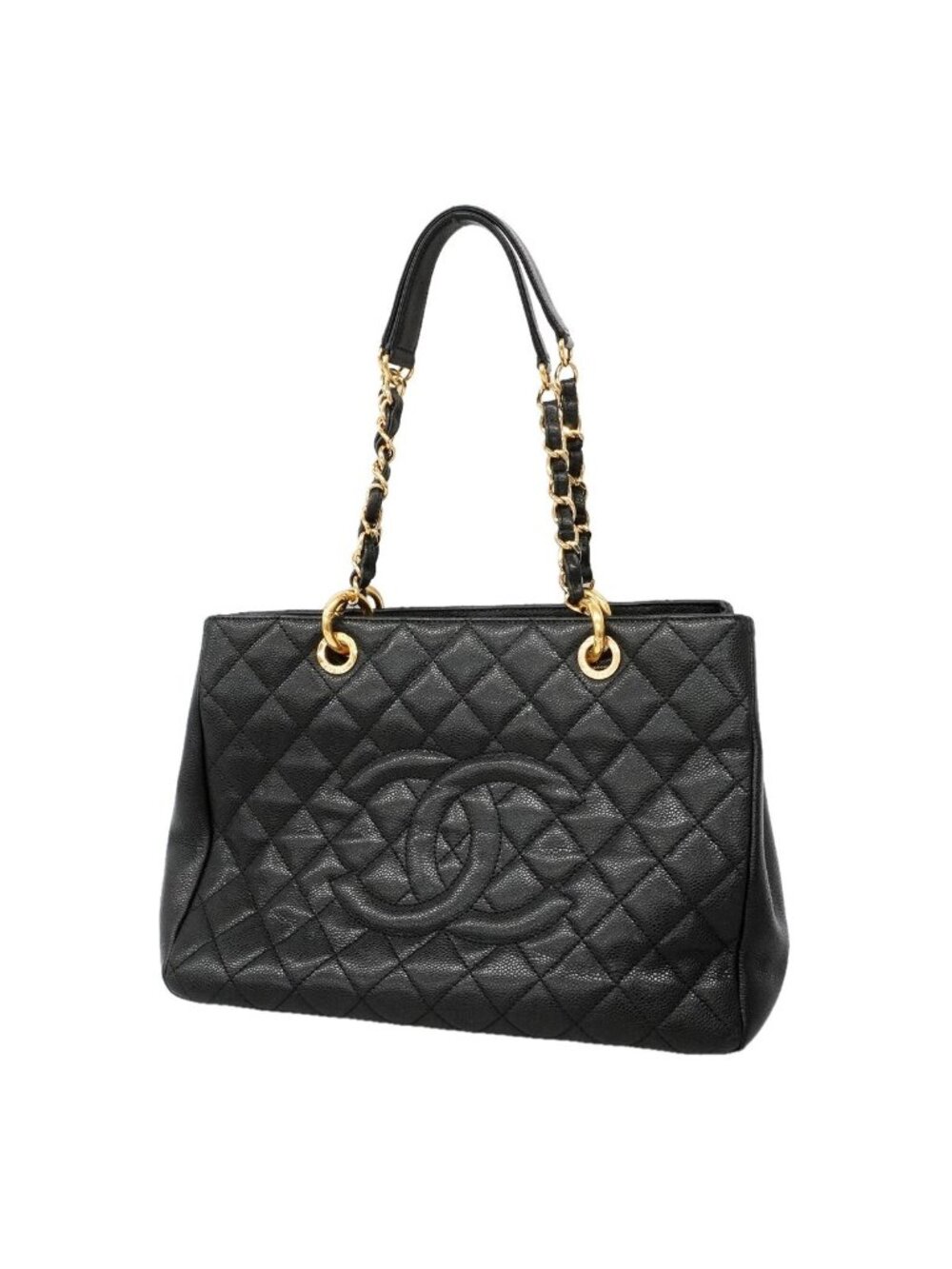 Chanel Chain Tote Bag Quilted Caviar Leather Black Gold